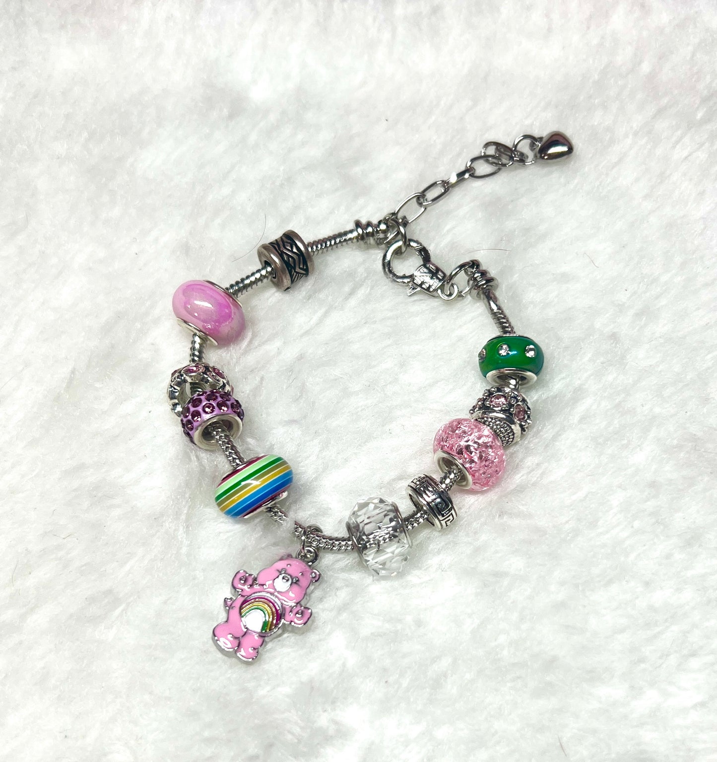 Silver Pink Care Bear Charm Bracelet
